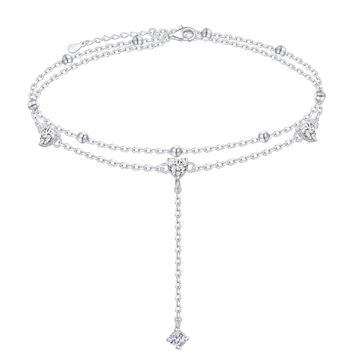 Image of S925 Ankle Bracelet for Women Heart Multilayer Anklets Dainty Beaded Chain Adjustable 9+1 Summer Cute Beach Foot Jewelry