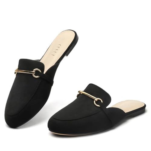 Image of MUSSHOE Gold Buckle Mules for Women - Comfortable Memory Foam Loafers, Classy Slip On Flats for Office Business Casual, Dressy Pointed Toe Shoes