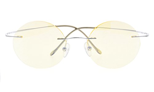 Rimless Anti Blue Ray Titanium Round Computer Glasses Women Men Eyeglass(Silver) without Strength
