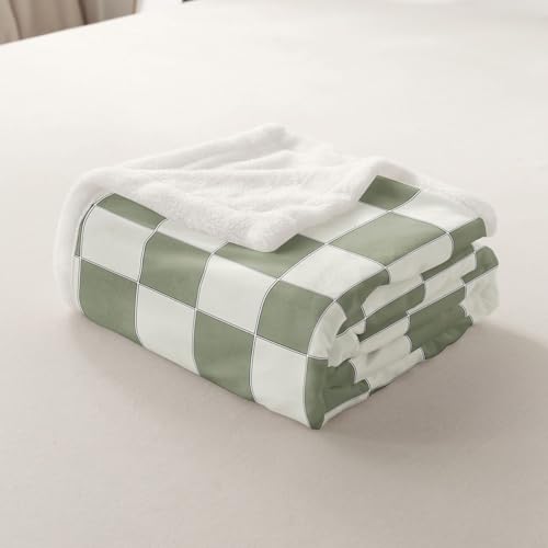Image of Erosebridal Plaid Throw Blanket 40 inchX50 inch Beige Sage Green Checkerboard Sherpa Blanket Geometric Checkered Fleece Bed Blanket for Kids Boys Girls, Aesthetic Grid Flannel Blanket