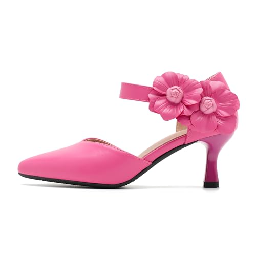 Women's Wedding Evening Party Flower Kitten Heels Pumps Ankle Strap Dress Shoes Hot Pink 39 - US 7.54