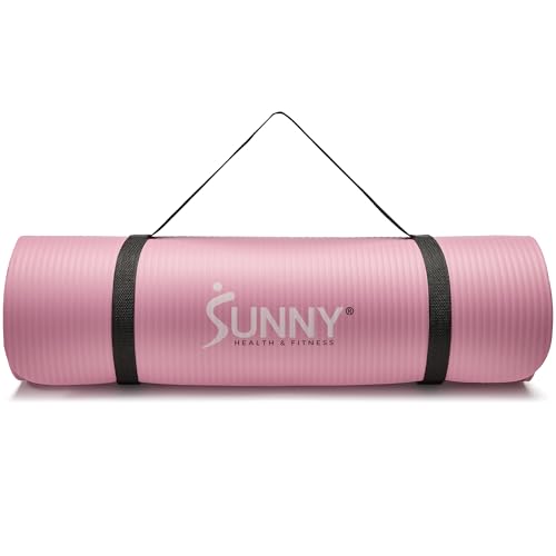 Sunny Health & Fitness Premium 1/2-Inch Extra Thick Exercise Yoga Mat Non-Slip High Density Pilates and Floor Workout Elastic Strap Portable with Carrying Strap - Pink - 74 x 24 Inches - SF-EM03-PK