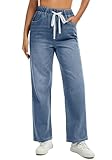 Bosmeer High Waisted Jeans for Women Trendy Stretch Elastic Wastic Pull On Denim Pants Vintage Washed Draswtring Straight Baggy Jeans Early Fall Fashion