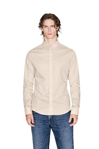 Armani Exchange Men's Long Sleeve Solid Slim Button Down Shirt, Cream, Medium