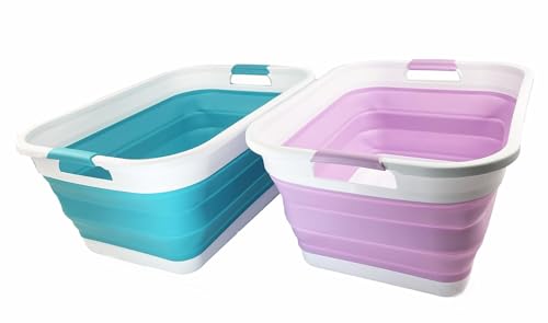 Image of SAMMART 41L (10.8 gallon) Collapsible Plastic Laundry Basket - Foldable Pop Up Storage Container /Organizer - Portable Washing Tub - Space Saving (Rectangular, Ceramic Blue+Pale Purple (Set of 2))