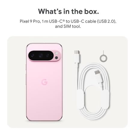 Contents of the Google Pixel 9 Pro box including phone, USB-C cable, and SIM tool
