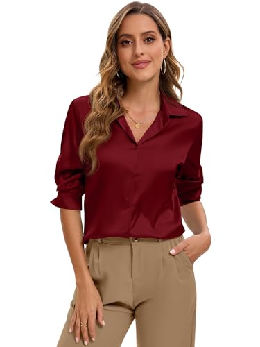 Image of Premium Soft Breathable Stretch Satin Silk Button Down Shirts for Women Long Sleeve Leopard Blouses Work Dress Tops