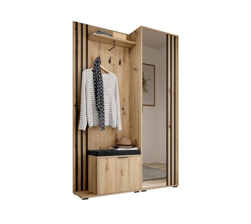 Garderobe mit Spiegel Flurgarderobe Garderobenschrank Kompaktgarderobe Dielenschrank Garderobe Set Regal Diele & Flur Kleiderschrank Schuhschrank 135x197x34 cm John, Artisan und Schwarz mit Kissen