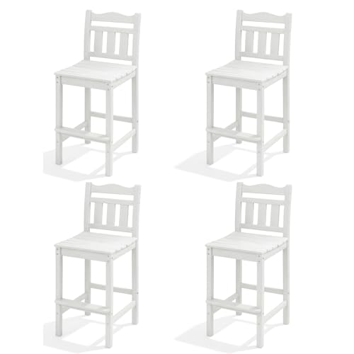 Image of Outdoor Bar Stools Set of 4, HDPE Adirondack Bar Chairs with Backs, All-Weather High Top Patio Chairs, Heavy Duty Armless Bar Height Chair for Balcony, Garden, Deck (White, 4pcs Set)