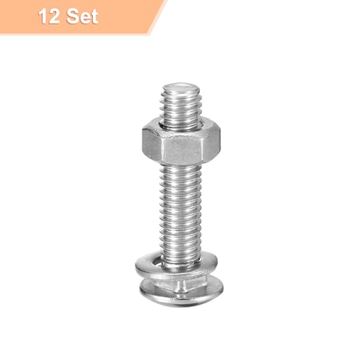 Image of uxcell M6x30mm Square Neck Carriage Bolts with Nuts & Washers, 12Set 304 Stainless Steel Round Head Square Neck Coach Bolt Screws, Silver Tone