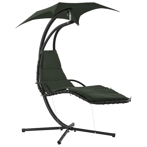 Outsunny Bain de Soleil transat Suspendu Chaise Suspendu Extérieur avec Pare-Soleil et Matelas Design Contemporain 190L x 110l x 190H cm Acier Polyester Gris...