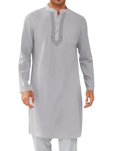 Runcati Mens Kaftan Thobe Button Down Casual Henley Shirts Long Sleeve Robe Cotton Linen Muslim Gown Shirt Grey
