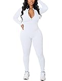 chicyes Women's Sexy Bodycon Long Sleeve Zipper Ribbed One Piece Pants Rompers Jumpsuits White