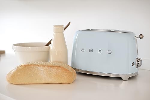 Image of Smeg Toaster, 2 Wide Slot, Original Italian Brand, Patented Smeg Pastel Blue, Auto Center for Even Browning, Smart Crumb Tray Drawer, Multi-Use: Defrost, Reheat & Bagel, 6 Toast Level, 950W,TSF01PBEU
