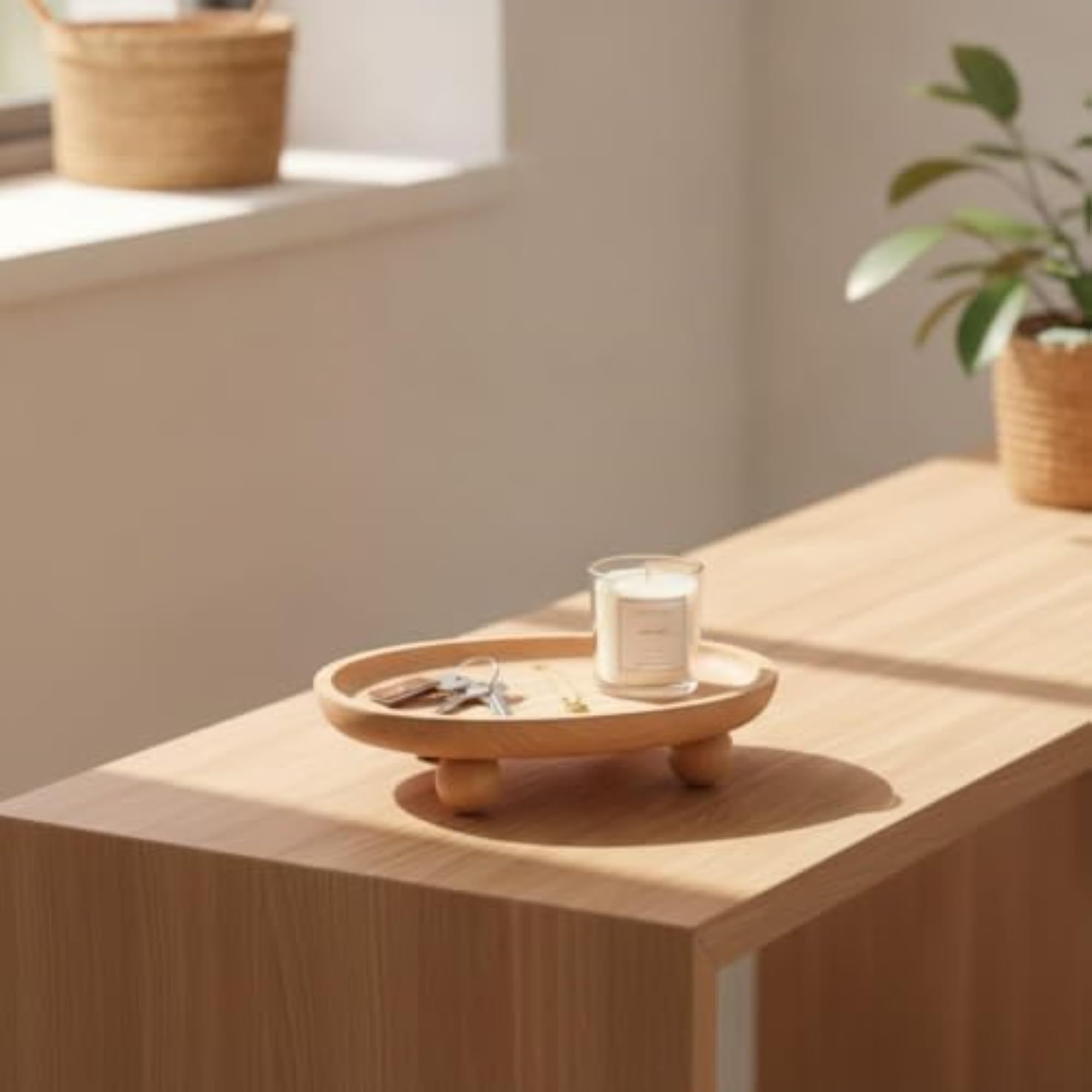 Natural Finish Oval Wood Tray, Minimalist Decorative for Desktop