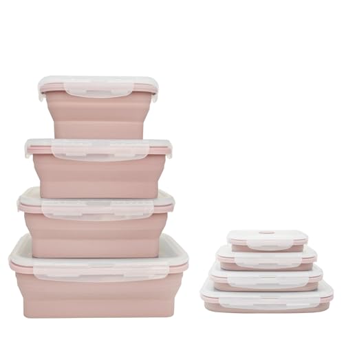 Razatik Juego de 4 fiambreras plegables de silicona con tapa, fiambreras para viajes, camping, oficina, sin BPA, aptas para lavavajillas y portátiles (rosa)