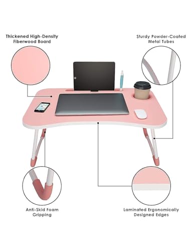 Image of eumqestoer Study Table Bed Table Premium Laptop Table /Foldable and Portable Wooden /Writing Desk for Office /Home /School (Pink)