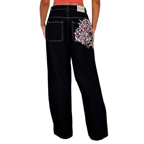 Jean baggy femme ample et robuste avec broderies rétro confortables
