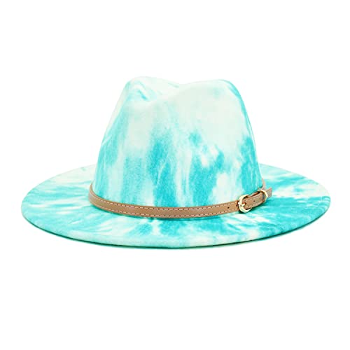 Gossifan Tie-dye Wide Brim Fedora Hats for Women Multicolor Felt Panama Hat Turquoise Green Cover