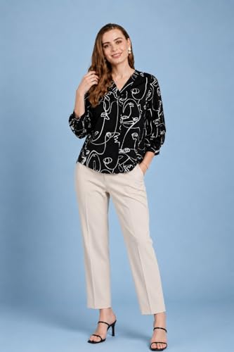 Image of Women Abstract Printed White V Neck Top, Three Quarter Sleeve, Regular Fit, Casual Office Wear