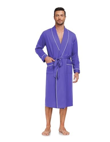 COLORFULLEAF Mens 100% Cotton Robes Lightweight Summer Long Bathrobe Sleepwear Soft Knit Spa Robe with Pockets