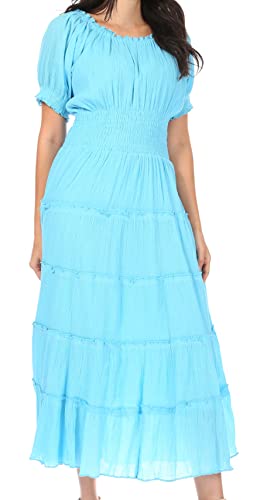 Image of Sakkas Cotton Crepe Smocked Peasant Gypsy Boho Renaissance Mid Length Dress