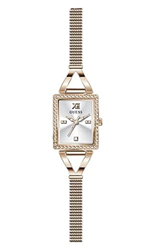 GUESS Ladies Jewelry Rectangle 22mm Watch – Silver-Tone Dial with Rose Gold-Tone Stainless Steel Case & Bracelet