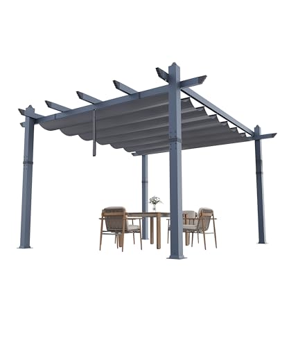 10 x 13 Ft Aluminum Pergola, Outdoor Metal Gazebo with Adjustable Canopy, Reinforced Frame Outdoor Shelter for Backyard, Patio, Garden and Deck - Grey