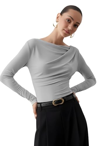 Image of SIGHTBOMB SOFTLINE Asymmetric Boat Neck FRONTFLOW Gathered Waterfall Afford LUX Edition Formal WEAR Long Sleeve Feather Touch TOP for Women