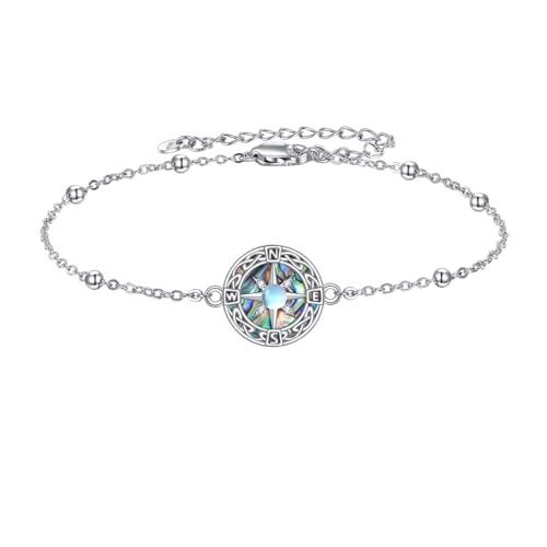 MONGAS Compass Bracelet Sterling Silver Graduation Compass Bracelets Created Abalone Moonstone Graduation Jewelry Gifts for Women