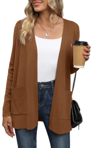 Yommay Strickjacke für Damen Elegante locker lässig leichtes Frauen Herbst Langarm Pullover mit Taschen,Gelb,L