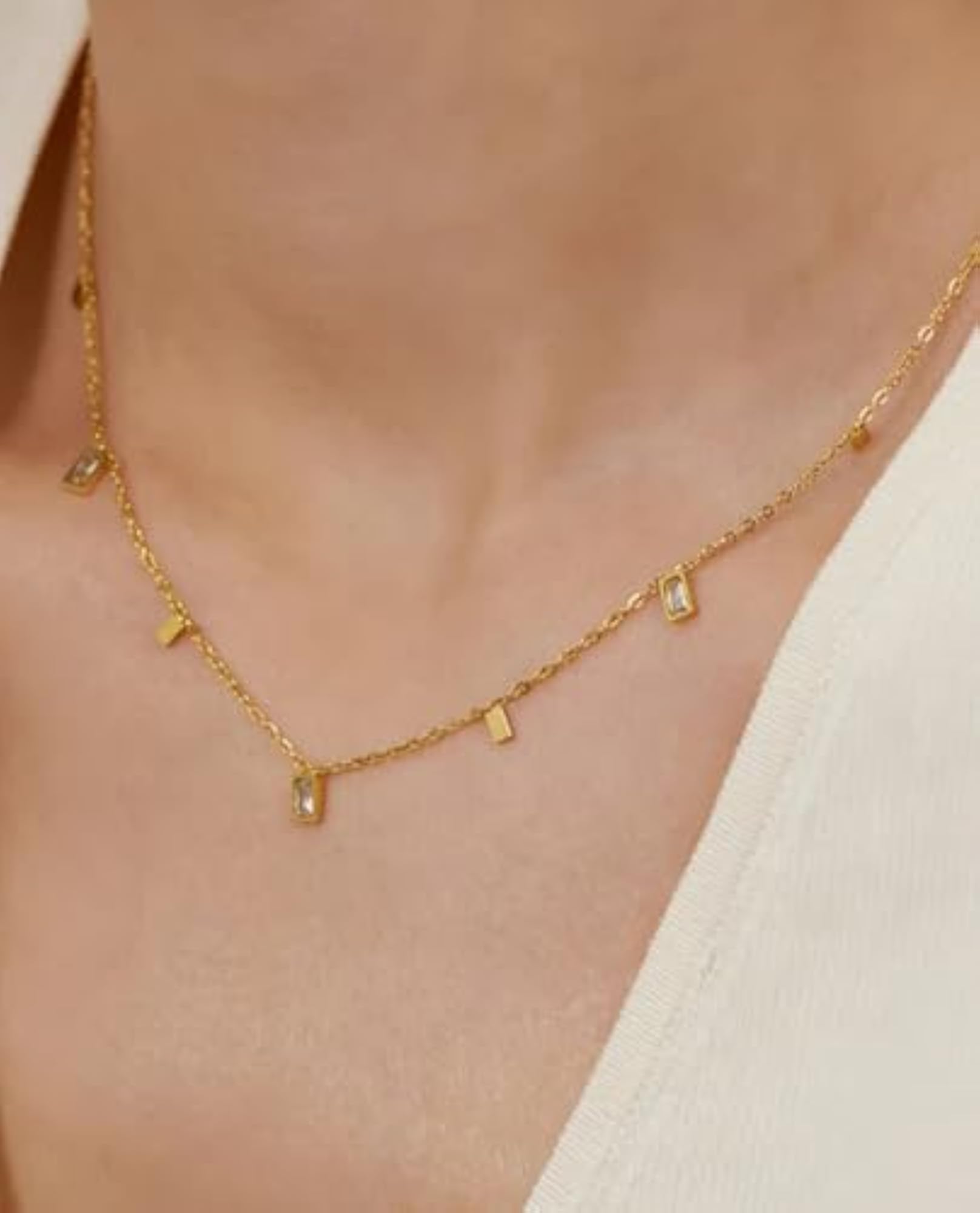 Gold-Tone Dainty Rectangle Charm Necklace for Women & Girls