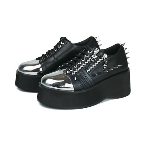 DETOGNI Women's Silver Studs Chrome Plated Toe Cap Platform Wedges Shoes Lace Up Ornamental Metal Lightening Bolt Zippers Boots Cover