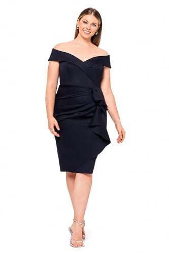 Image of Xscape Women's Bodycon Midi Off-The-Shoulder Ruffle Dress with Center Back Zipper, Petite & Plus Size