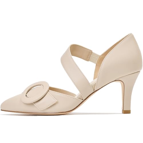 Women's Pointed Toe D'Orsay Pumps with Fashion Round Buckle, Closed Toe 3" Stiletto High Heels with Comfy S Elastic Strap for Dress Work Office Shoes3