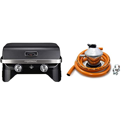 Campingaz Attitude 2100 Lx Barbacoa De Mesa Portátil A Gas, 5 Kw De Potencia, Barbacoa De Gas Para Camping Con Tapa + Regulador Gas Butano + Tubo Goma 1,5 M + 2 Abrazaderas, Gris/Naranja