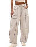 Athlisan Womens Baggy Barrel Pants Wide Leg Lounge Drawstring Sweatpants with Pockets(Khaki-M)