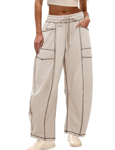 Athlisan Womens Baggy Barrel Pants Wide Leg Lounge Drawstring Sweatpants with Pockets(Khaki-M)