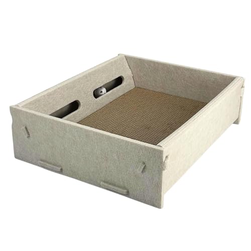 Kratzbox für Katzen aus Filz mit wendbarer Kratzpappe (2 STK.) und integriertem Katzenspielzeug - platzsparende Alternative zum Kratzbaum (Creme)