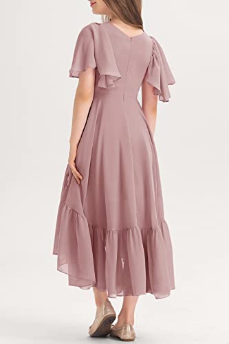 Girls Ruffle Dresses Casual A Line V Neck Short Sleeve Flowy High Low Long Maxi Junior Bridesmaid Party Dress Pink #TOP3
