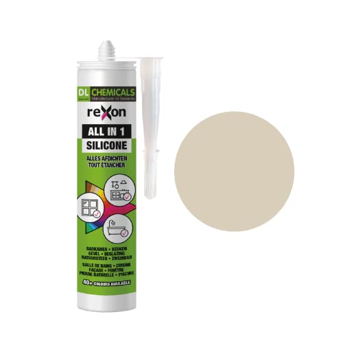 REXON Mastic Silicone Tout Usage - Calcaire beige - Sanitaire/Bain & Cuisine/Carrelage/Bâtiment - Extérieur et intérieur - Convient au bois, pierre,...