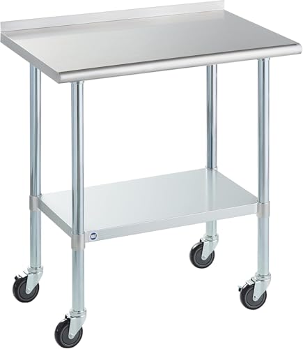 Image of Stainless Steel Table for Prep & Work with Caster & Backsplash 24x36 Inches, NSF Metal Commercial Kitchen Heavy Duty Table with Adjustable Under Shelf and Table Foot for Restaurant, Home and Hotel