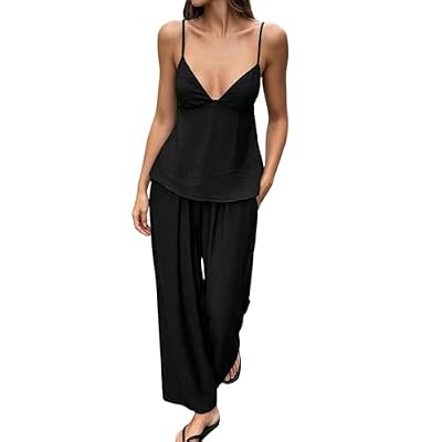 Oplxuo Women's 2 Piece Pant Sets Spaghetti Strap V Neck Cami Top Wide Leg Palazzo Pants Summer Beach Casual Matching Outfit