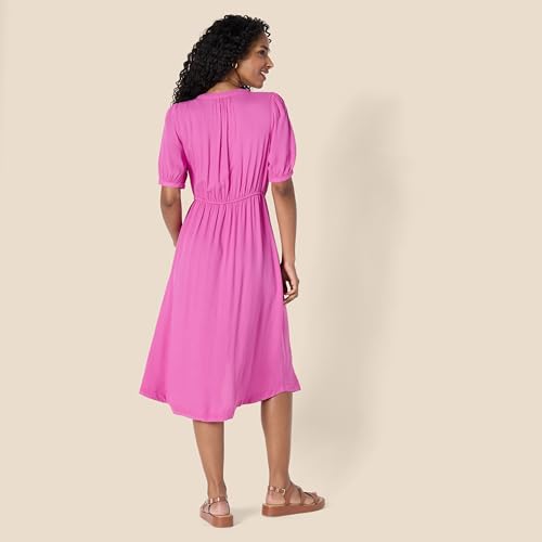 Image of Amazon Essentials Women's Fit and Flare Half-Sleeve Waisted Midi A-Line Dress with Pockets