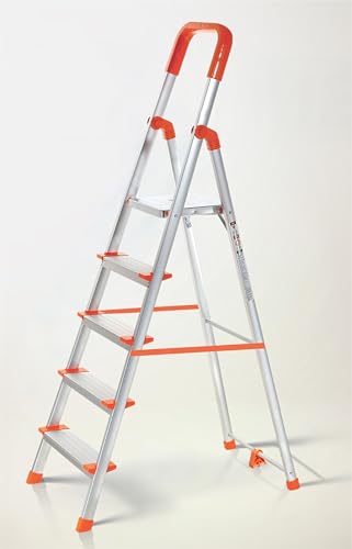 Image of Houza 5 Step Foldable Aluminium Step Ladder for Household, Lightweight and Anti-Slip Multipurpose 250 Kg Load Bearing with 5-Year Warranty