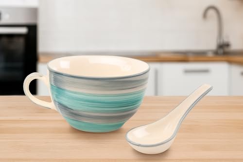 Image of HS Hindustani SAUDAGR Aqua Drift Seagreen Ceramic Bowl Set of 2(300ml Each) Soup Bowl with Handle & Spoon Microwave Safe Bowls katori Ideal for Snacks Rice dal Desserts and Gifting.