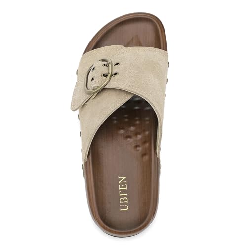 Image of UBFEN Womens Platform Slide Sandals | Real Leather,Buckle Sandals with Cushioned Flatform Footbed,Comfortable for Walking,Arch Support,Casual Styling