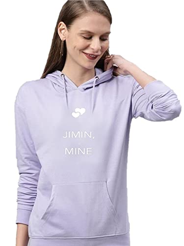 MOSAJC Women Cotton Hooded Neck Jimin is Mine White Printed Hoodie (Levender)