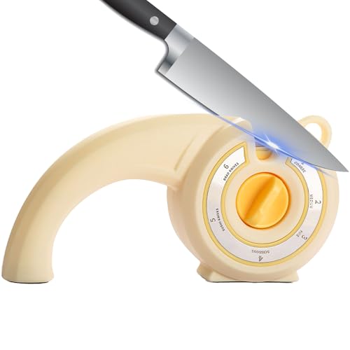 Affilacoltelli Manuale, Affilacoltelli a 6 Velocità, Realizzato in Acciaio + ABS + Ceramica, Design Ergonomico, Pratico e Sicuro, Adatto per Coltelli da Cucina, Coltelli da Frutta e Forbici
