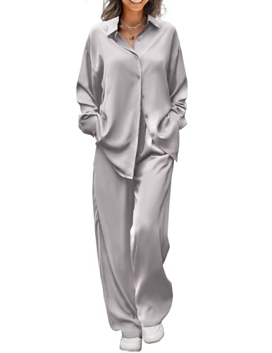 Ekouaer Womens Satin Silky Pajama Set 2 Piece Print PJs Soft Loungewear Button Down Sleepwear with Elastic Waist Long Pants